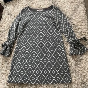 Loft Gray White Diamond Jacquard Shift Dress Tie Sleeve Boat Neck Small